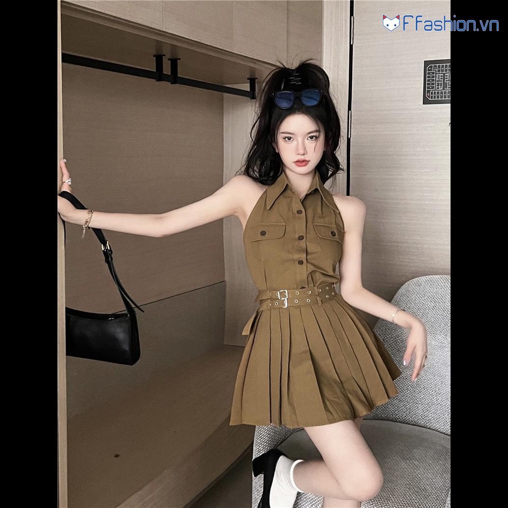 Set Áo Thun polo Sát Nách Và Chân Váy Xếp Ly Thời Trang Dành Cho Nữ