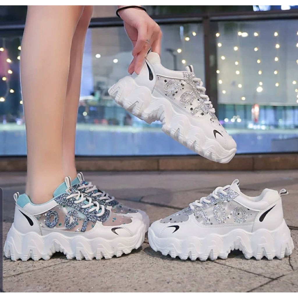 FREE SHIP Giày thể thao nữ , giày sneaker nữ đế độn cao 5cm đế sóng phối lưới nhũ siêu đẹp | BigBuy360 - bigbuy360.vn