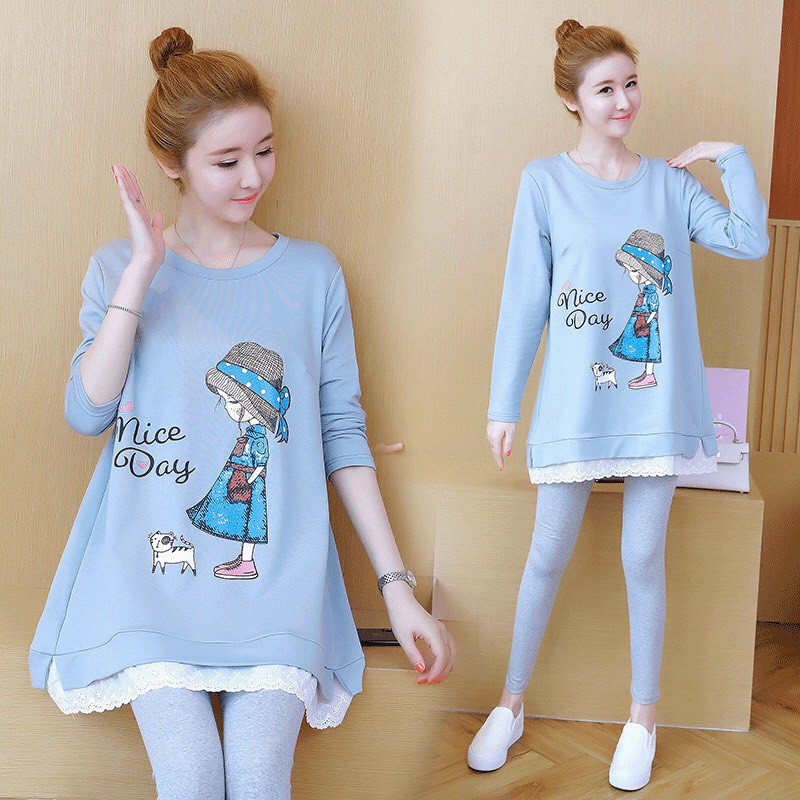 Áo bầu cotton dài tay in hình cô gái cute