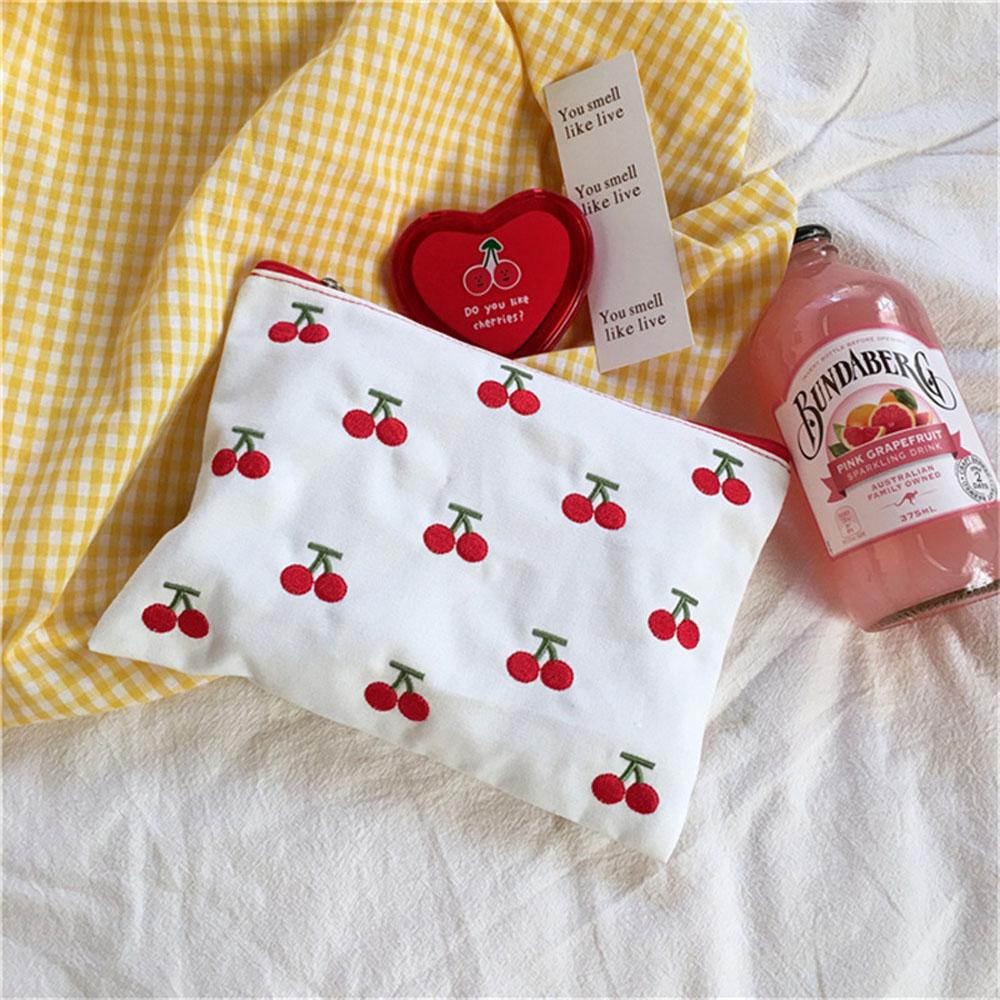 SOMEDAYZL Túi Đựng Đồ Trang Điểm Thêu Hình Trái Cherry Dễ Thương