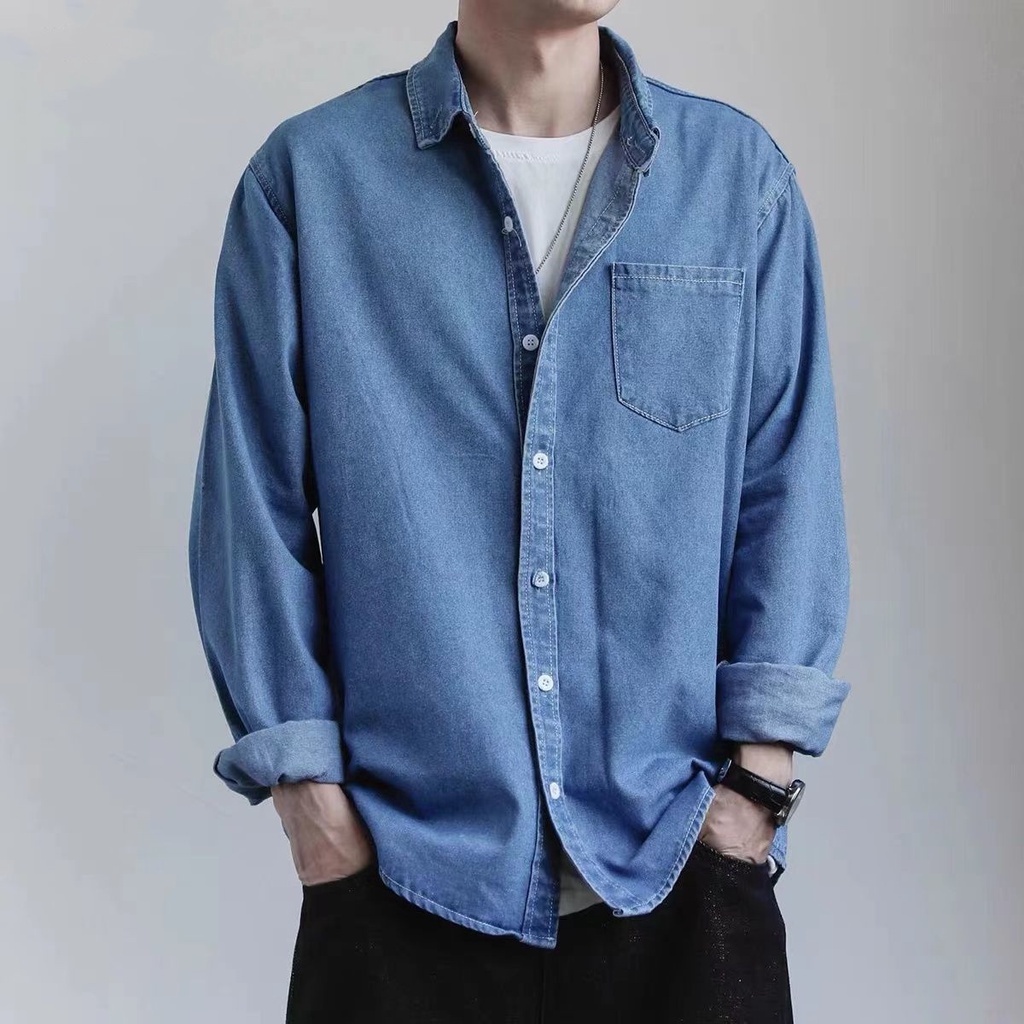 Áo Sơ Mi Denim Tay Dài Phong Cách Thời Trang Hàn Quốc Cho Nam Giới