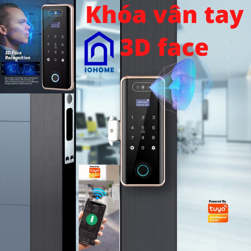 Khoá vân tay giành cho cửa kính cao cấp nhận dạng khuôn mặt 3D face - APP TUYA/ Smartlife mở cửa từ xa (Kết nối wifi)