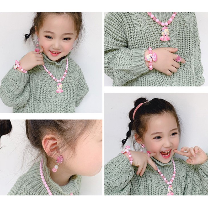 Set Vòng cổ/ Kẹp Tai/ Khuyên Tai Họa Tiết Hoạt Hình Công Chúa Elsa Thời Trang Cho Bé Gái