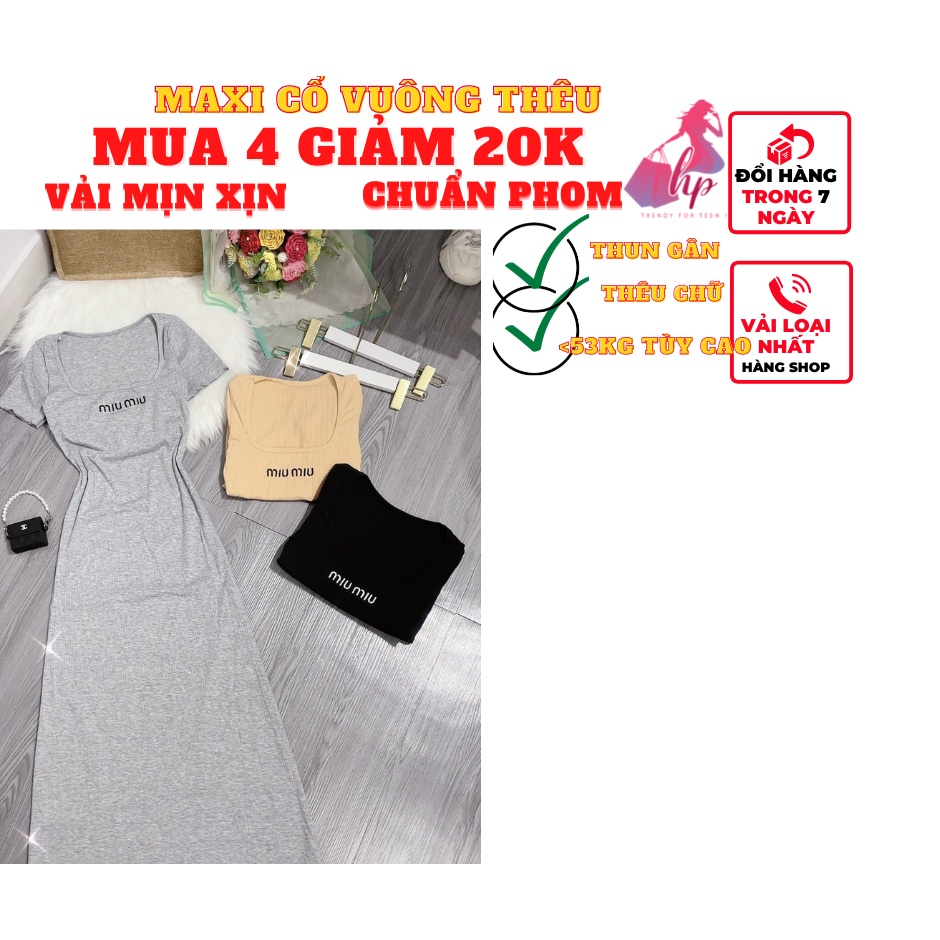 Váy đầm maxi dài nữ ôm body cổ vuông tay ngắn thun gân xịn thời trang dự tiệc sexy phong cách hàn -VD29