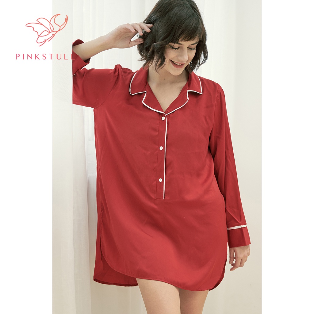 Áo ngủ lụa Pijama Pink Stull đỏ đô viền trắng