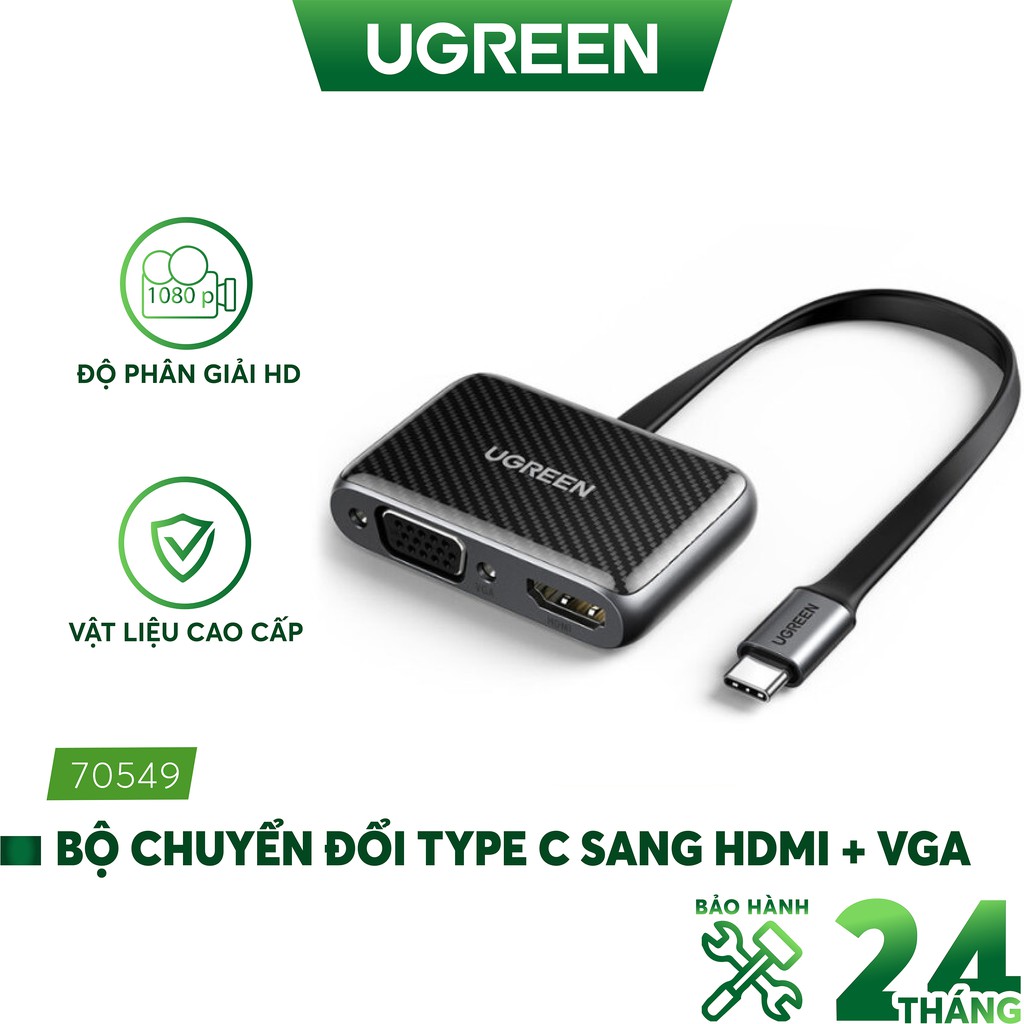 [Mã 2404EL10K giảm 10K đơn 20K] Bộ chuyển đổi USB type C sang HDMI và VGA cao cấp UGREEN 70549