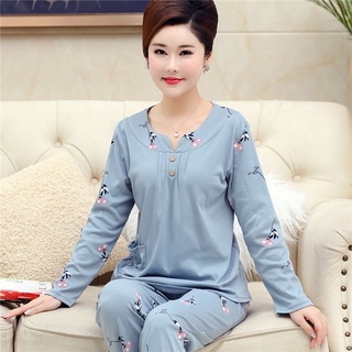 100% cotton pyjama phụ nữ mẫu mùa xuân và mùa thu dài tay áo pull mẹ hai mảnh phù hợp với người trung niên và người già