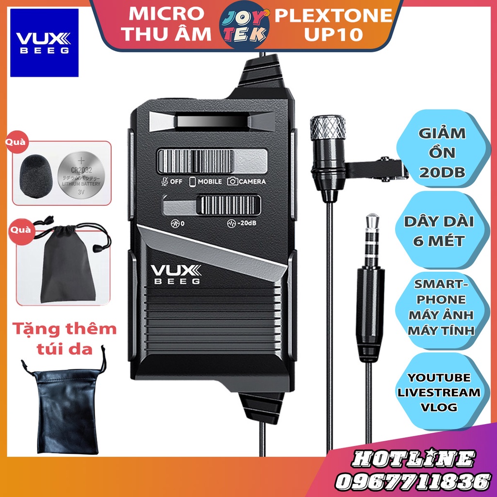 Micro thu âm Plextone VUXBEEG UP10, micro cài áo ghi âm đa hướng cho điện thoại/máy tính DSLR chất lượng cao