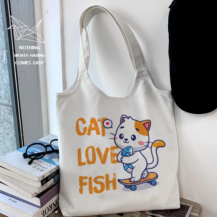 Túi tote vải bố canvas mềm Mèo Maneki cute quai tròn có khóa kéo miệng túi phong cách ulzzang Hàn Quốc