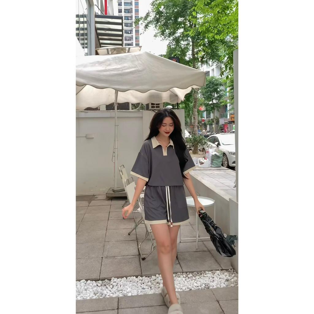 Bộ áo polo dáng ngắn mix sooc tổ ong phối viền nữ [FREESHIP] Set cộc tay kiểu hàn quốc bánh bèo tiểu thư ulzzang