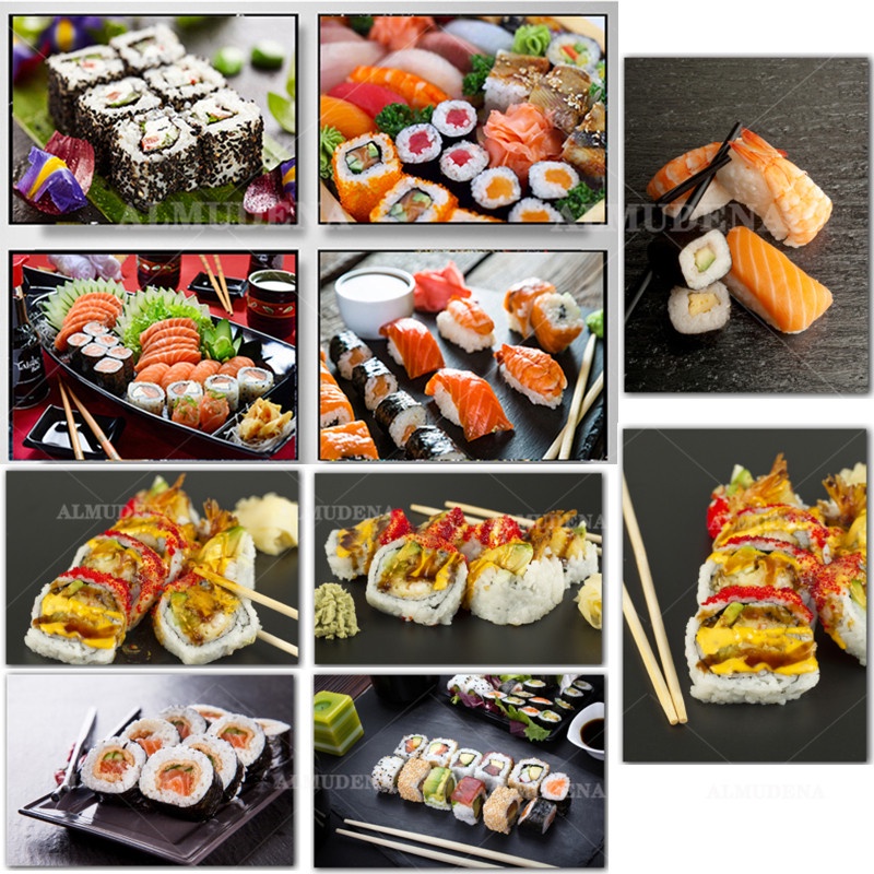 Tranh Cuộn Sushi Truyền Thống Nhật Bản Bằng Vải Bạt Treo Tường Trang Trí Nhà Bếp / Phòng Ăn