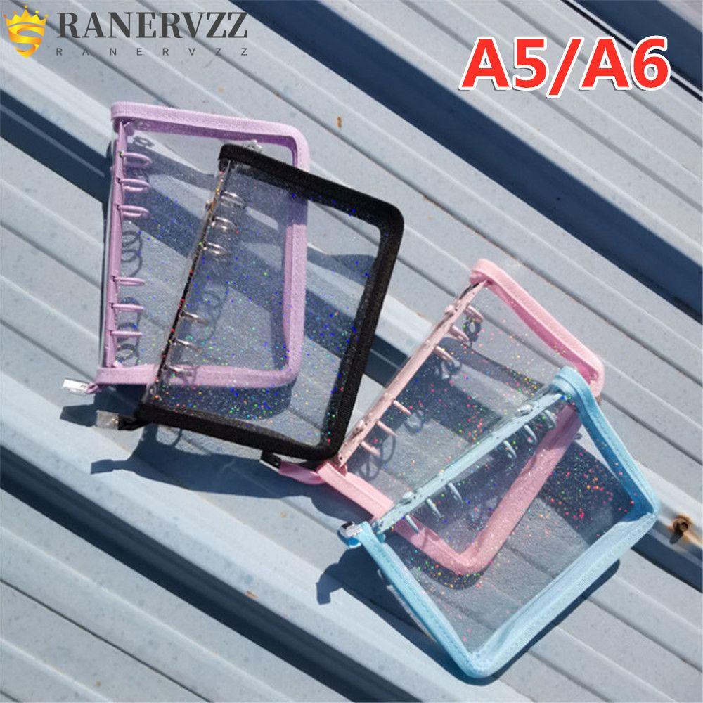 Bìa sổ tay 6 lỗ khổ A5 / A6 bằng PVC trong suốt phủ kim tuyến nhiều màu tùy chọn DIY