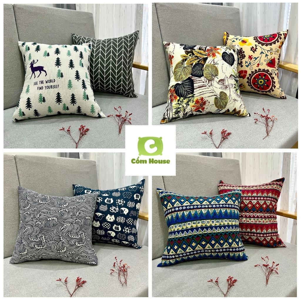 Gối Tựa Lưng, Gối Tựa Sofa Vải Linen Và Canvat Họa Tiết 2 Mặt Sang Trọng, Siêu Bền KT 45x45