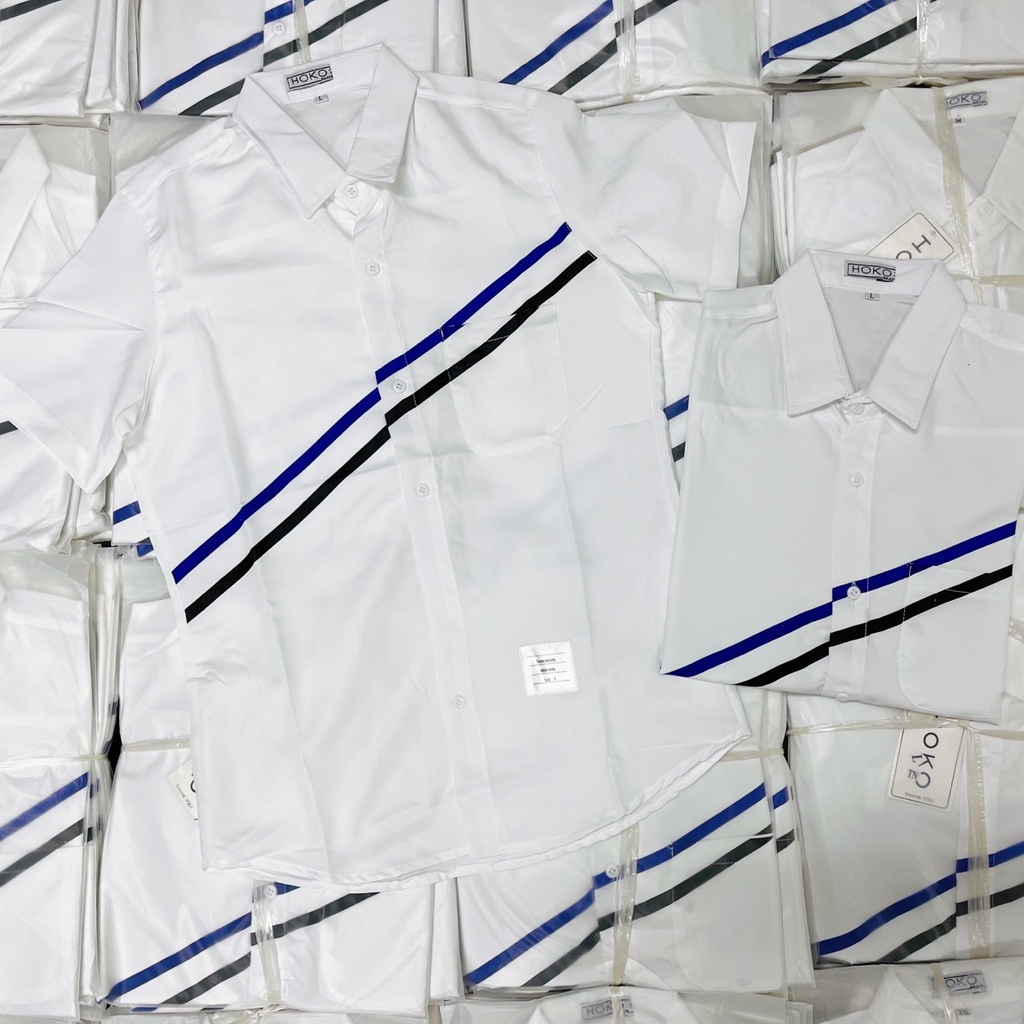 Áo Sơ Mi Nam Tay Ngắn Trắng In Sọc Chéo Xanh HÌNH THẬT