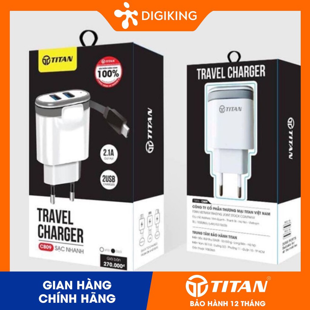 Củ sạc 2 cổng TITAN CB09 liền dây micro