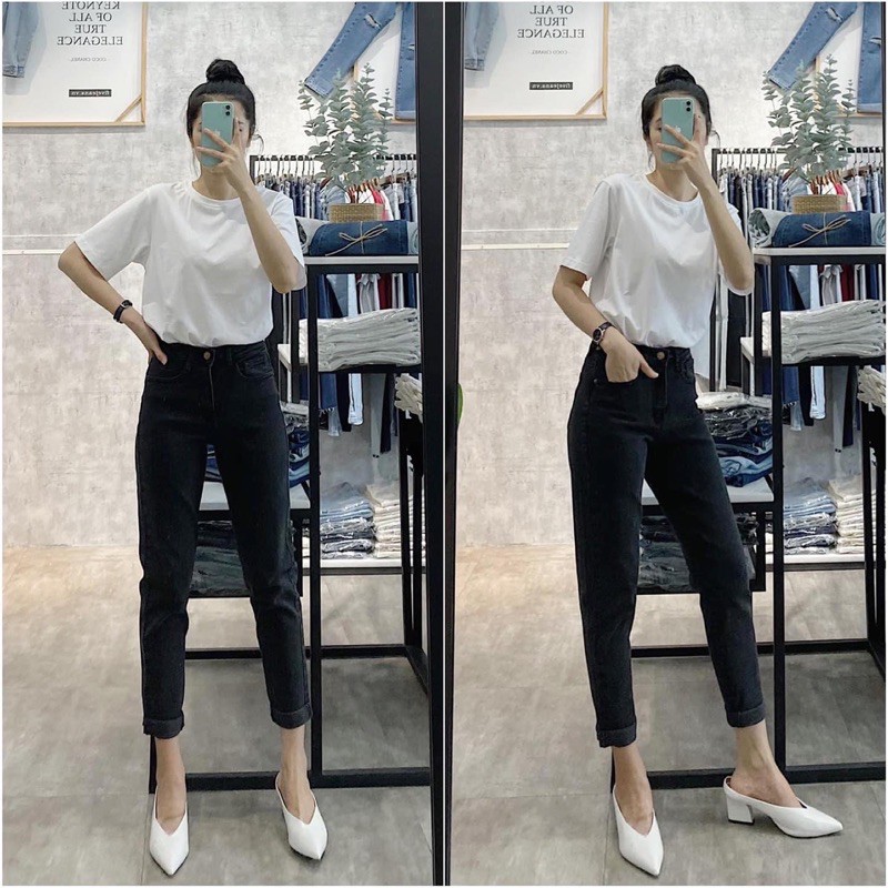 Quần momjeans xám lưng cao cực chất