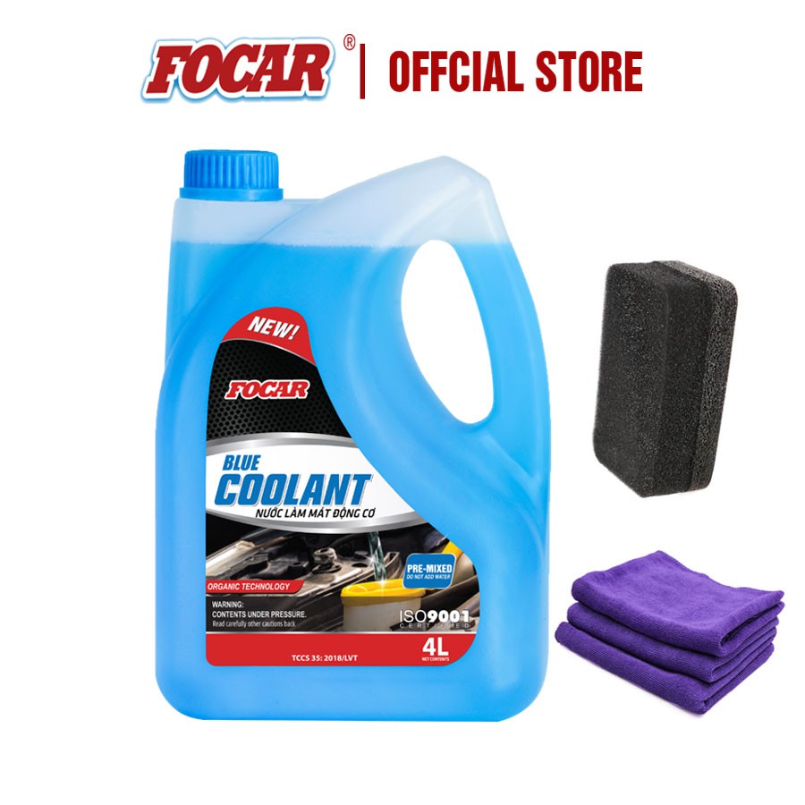 Nước làm mát động cơ ô tô Focar Blue Coolant 4L + Miếng mút vệ sinh ô tô, khăn lau xe hơi