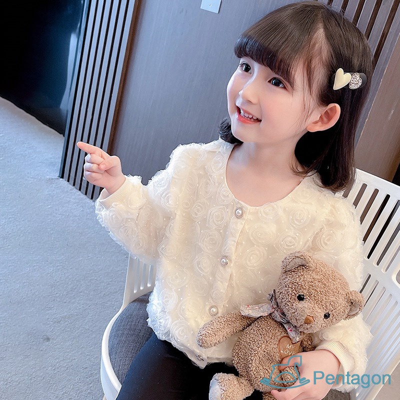 Áo Khoác Cardigan Tay Dài Có Gân Và Nút Ngọc Trai Dễ Thương Dành Cho Bé Gái