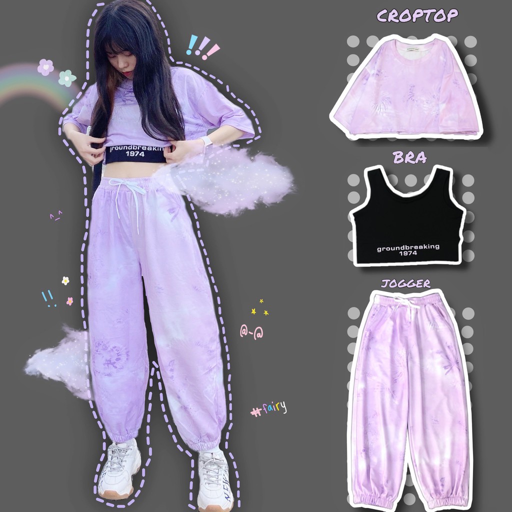 Set Bộ Áo Croptop Loang Màu Kèm Bra Phối Quần Jogger 3D Ulzzang Dáng Rộng - MM