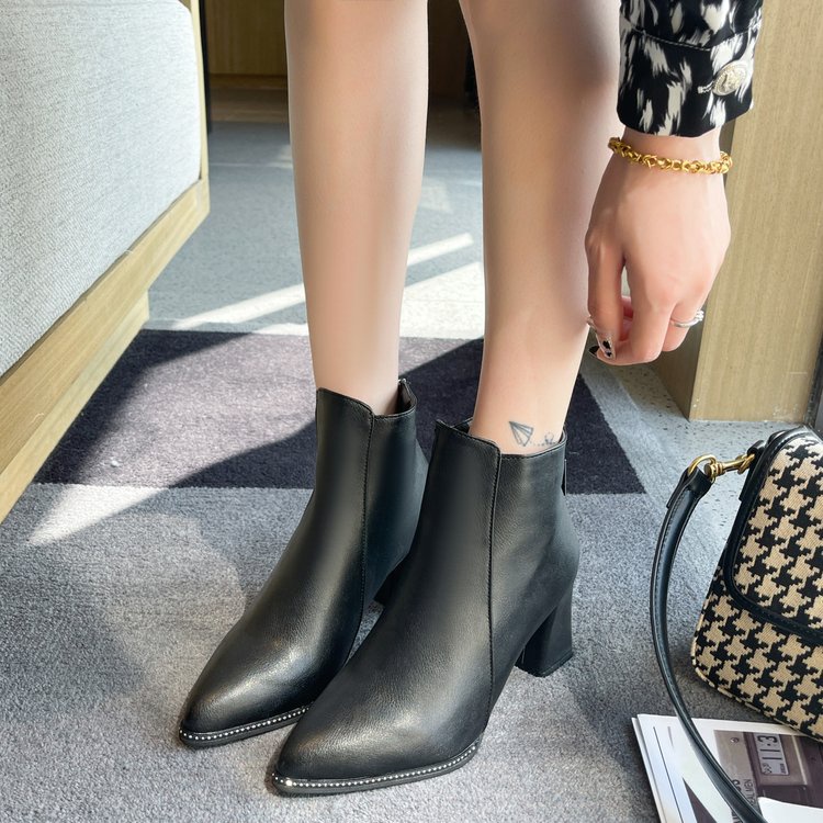 Giày bốt cao gót mũi nhọn cổ ngắn phối khóa kéo thời trang cho nữ | BigBuy360 - bigbuy360.vn