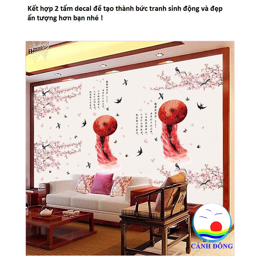 Decal dán tường hoa đào cô gái cổ trang