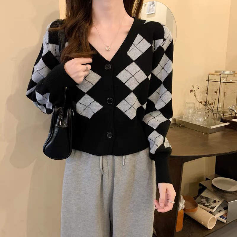 Áo khoác cardigan len nữ cổ V kẻ caro hàng Quảng Châu cao cấp