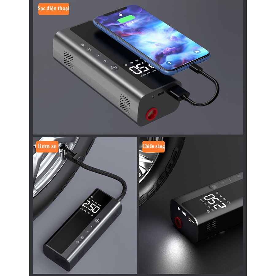 Máy bơm không khí 6000mAh, bơm lốp xe ô tô điện tử cao cấp, sạc dự phòng thông minh
