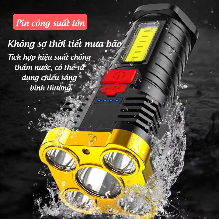 Đèn pin siêu sáng cầm tay 5 bóng chiếu xa 200m, chống thấm nước 4 chế độ sáng, đèn pin Led sạc tích điện