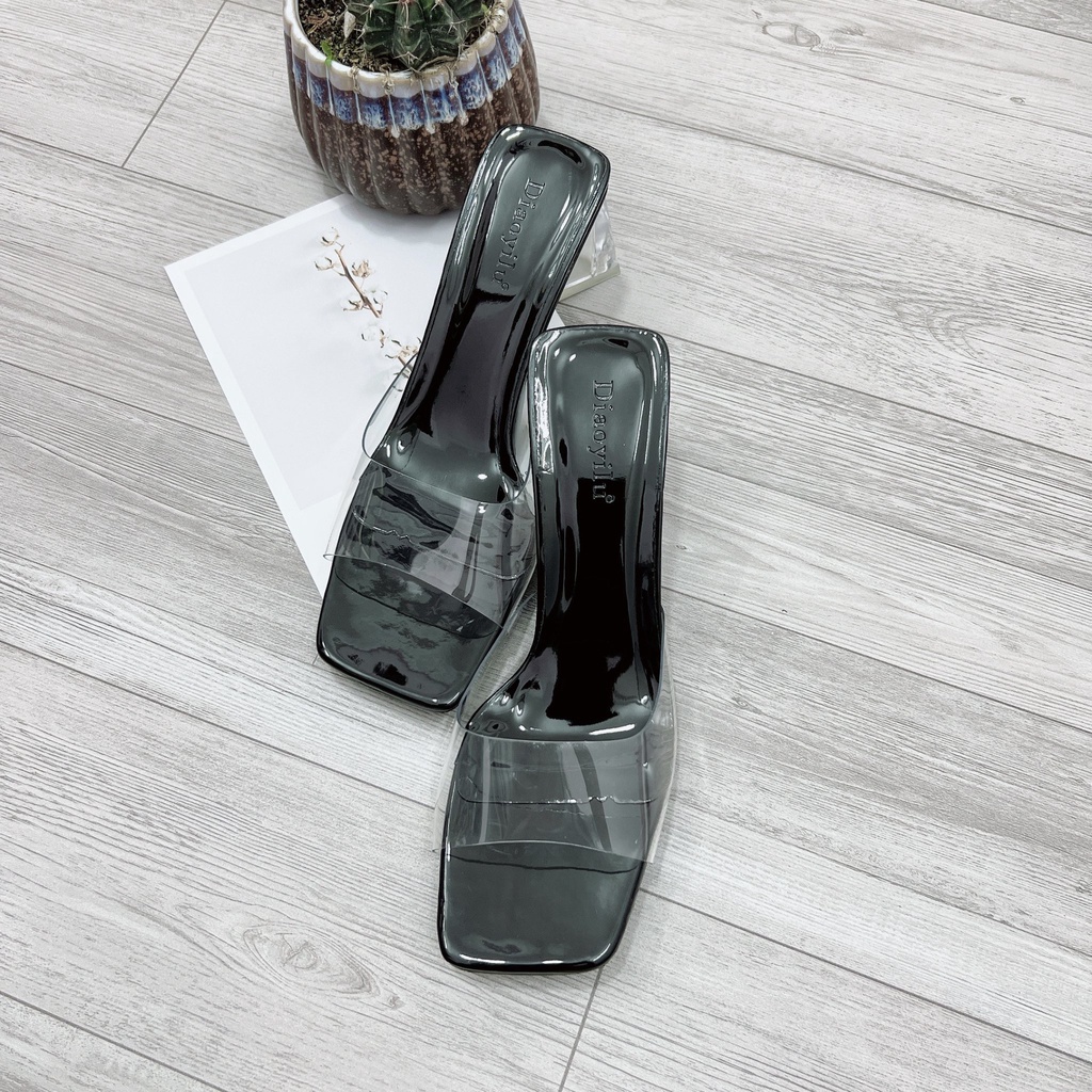 Dép Guốc nữ cao gót quai trong mika da bóng sandal đế tam giác 7cm lên chân siêu xinh HIBEE