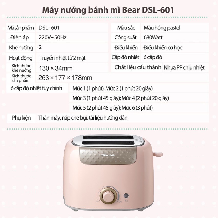 [Chính hãng] Máy Nướng Bánh Mỳ Sandwich Bear DSL-601 Hai Màu Xanh Hồng Sang Trọng