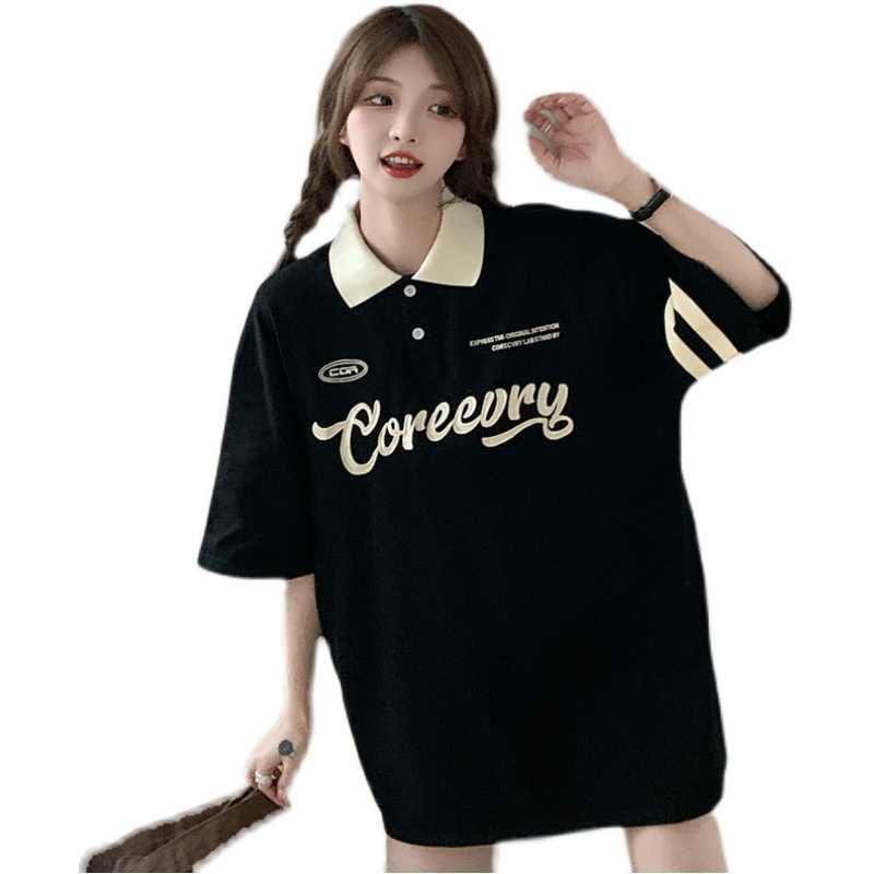 Áo polo Ngắn Tay Dáng Rộng Kẻ Sọc In Chữ Thời Trang Cho Nữ