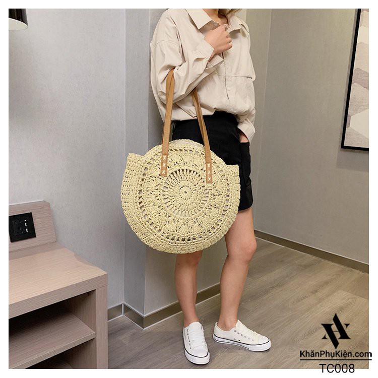 [NowShip - Giao Ngay] Túi Cói Boho Vintage Đeo Vai, Đeo Chéo Hình Tròn Dây Da Màu Nâu Be Trơn