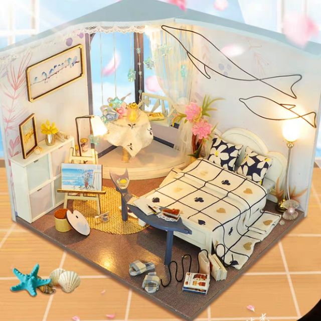Mô hình nhà gỗ búp bê Dollhouse DIY - Kèm mica - TW27 Sea Color