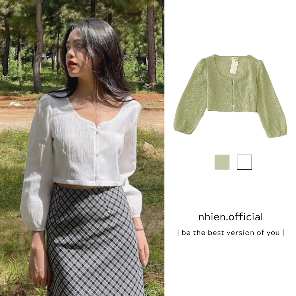 Áo kiểu croptop tay dài, sơ mi kiểu hàn quốc nhiennhienvinatge BA15