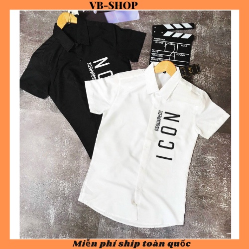 Áo sơ mi nam đen trắng tay ngắn in chữ hiệu icoonn mẫu mới giá rẻ vải mặc mát cao cấp VBSHOP002