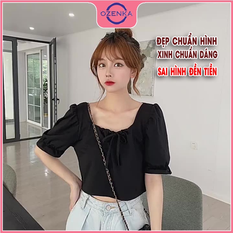 Áo croptop kiểu Hàn Quốc rộng tay lỡ nữ OZENKA , áo thun ngắn cổ vuông form rộng điệu đà đen trắng mặc đi học đi chơi