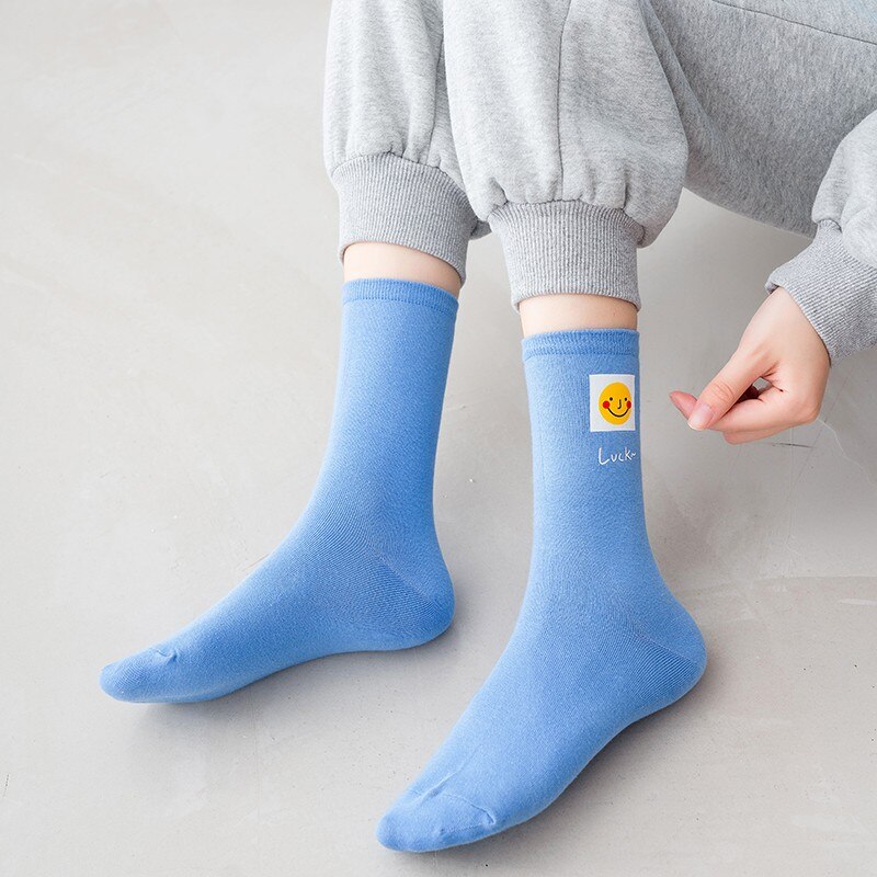 Funny Smile Hot Stamping Crew Socks Women Cute Face Expressions Candy Colors Girls Cotton Cozy Socks Female Hosiery