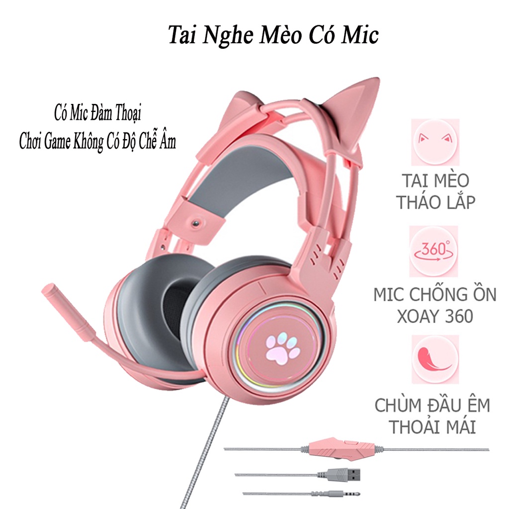 Tai Nghe Có Dây Gaming, Tai Nghe Mèo Có Mic Đàm Thoại, Học Zoom ,Không Chễ Âm, Cao Cấp.