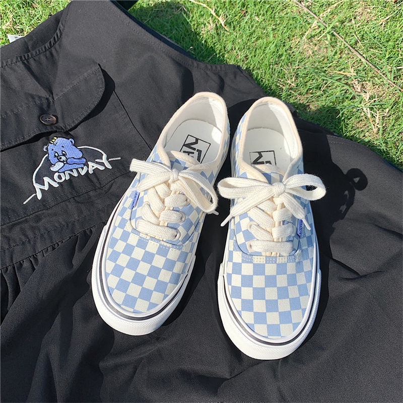 Giày Vải Canvas Kẻ Sọc Caro Màu Xanh Dương Phong Cách Hồng Kông Thời Trang Xuân Thu 2022 Cho Nữ
