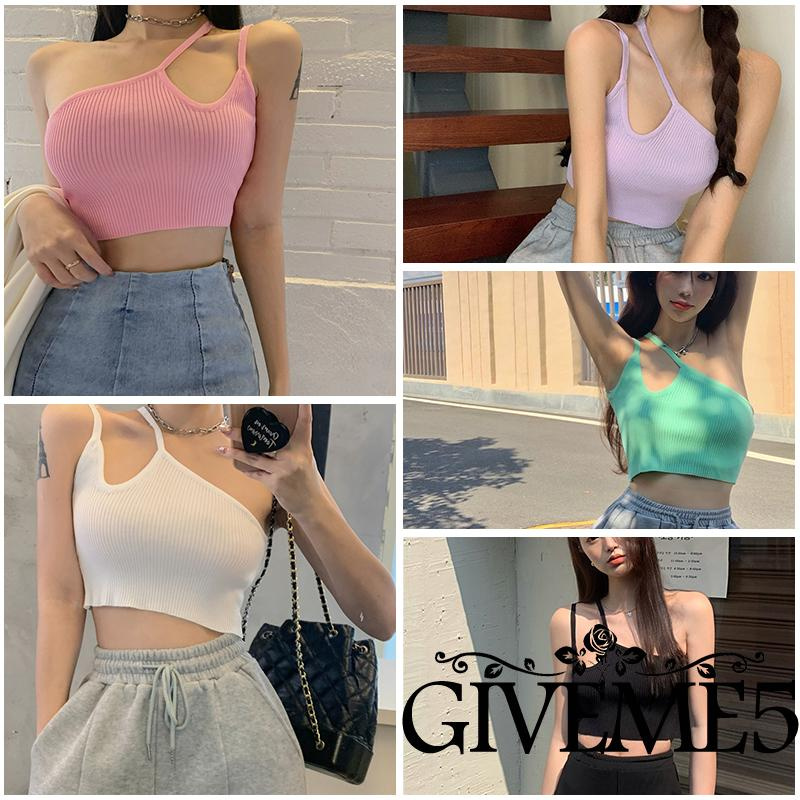 Áo croptop không tay màu trơn lệch 1 vai bất cân xứng cho nữ