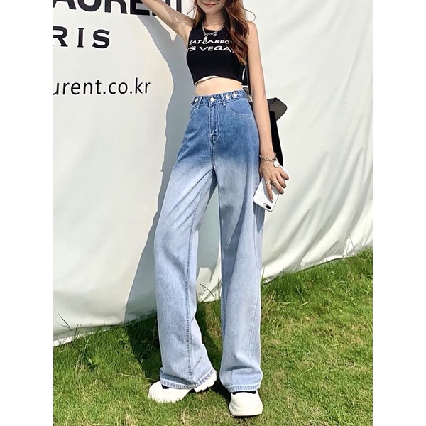 Quần Jeans Loang Ống Rộng Nữ [FREESHIP]  Culottes jean dáng suông cạp cao màu XANH Ulzzang HOT