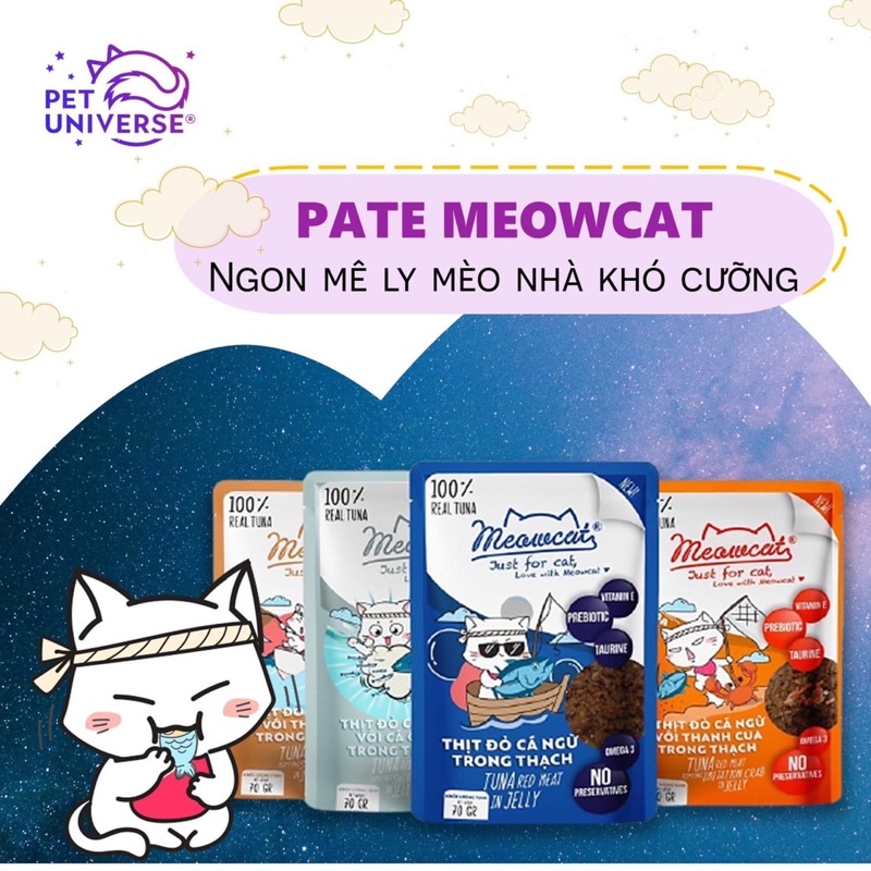 Pate MEOWCAT cho Mèo 70g, Thức ăn ướt cho mèo biếng ăn | Pate gói Meowcat ăn dặm cho mèo con, mèo lớn