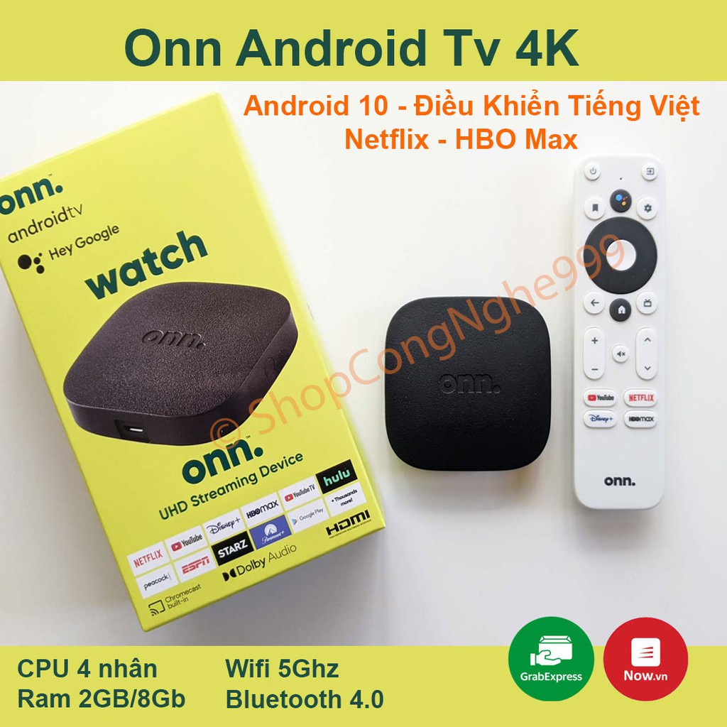 Android Tivi Box Onn Android Box TV Android 10 remote ra lệnh Tiếng Việt phát 4K UHD HDR Google Cast Chrome Cast Netflix