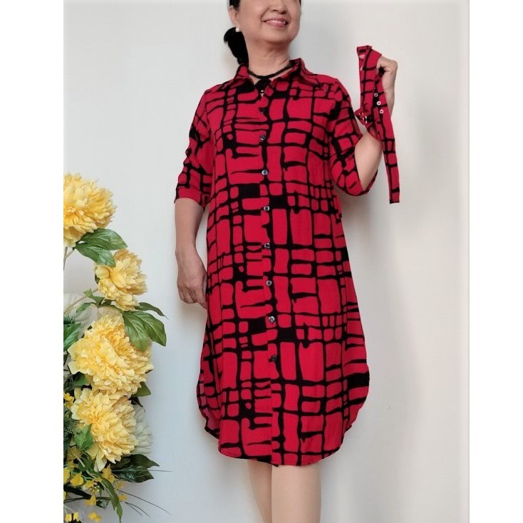 Size L, XL, 2XL, 3XL - Váy Đầm Trung Niên - Kiểu Sơ Mi - Vải Lụa Đũi Co Giãn, Có Thêm Dây Thắt Lưng