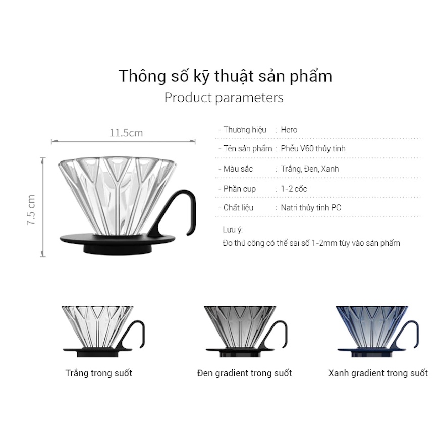 Phễu thủy tinh pha cà phê giấy lọc V60, phễu pha cafe Pour Over thương hiệu Hero