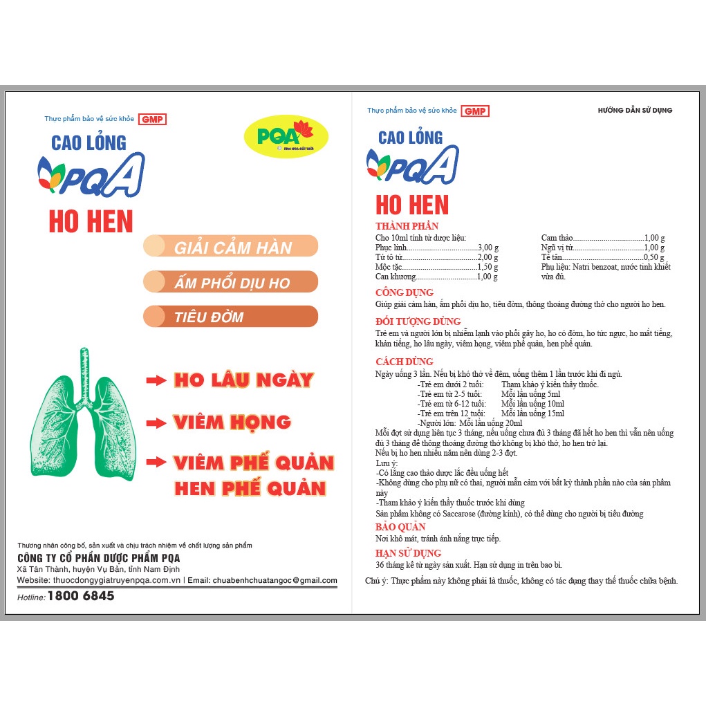 Siro Ho hen PQA thảo dược hỗ trợ thông thoáng đường thở cho người ho hen, hen suyễn. Hộp 125 ml