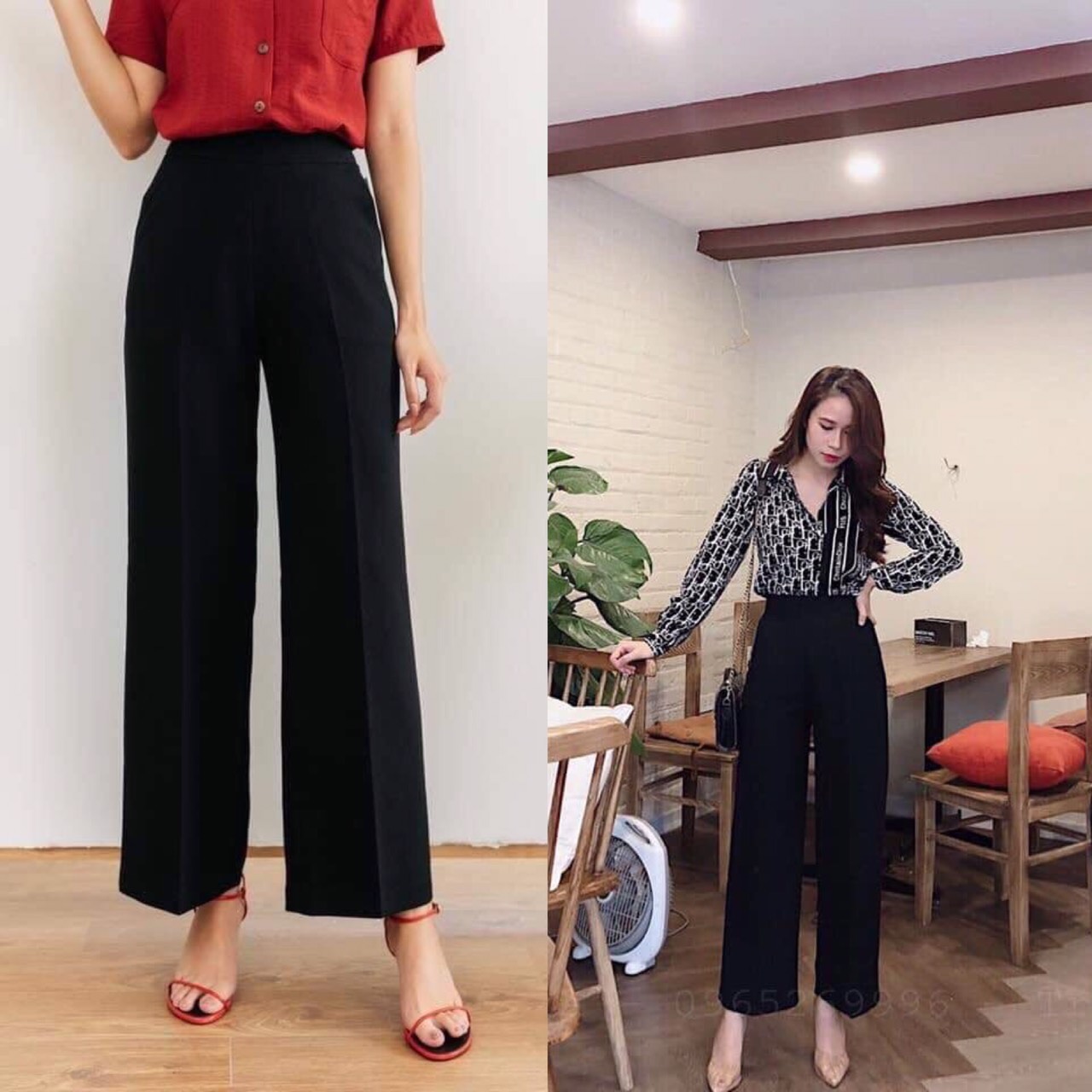 Quần ống rộng nữ lưng cao MAYA khóa giữa vải tuyết mưa Hàn Quốc Q088