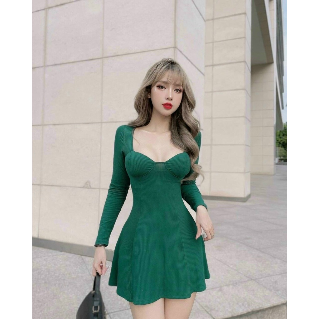 Đầm xòe nhẹ tay dài có mút tôn dáng chất thun gân k