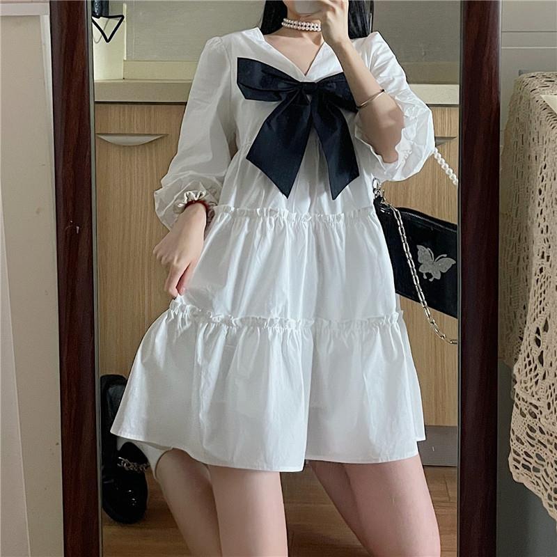 ⭐0412⭐ French Style Cute white puff sleeve summer princess dress