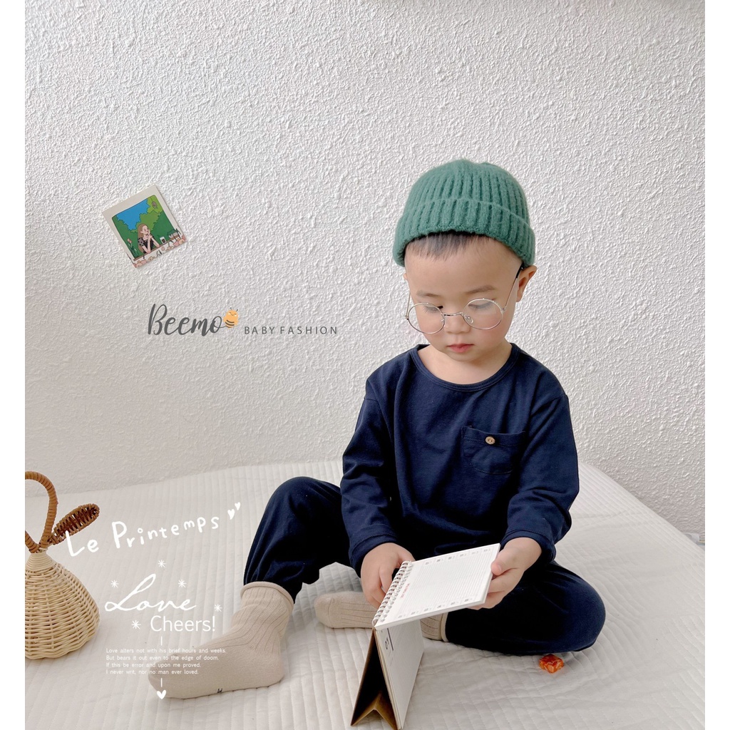 Set bộ quần áo dài tay Beemo kiểu basic chất cotton phối túi ngực đính cúc cho bé trai, bé gái từ 1 đến 6 tuổi 22199B